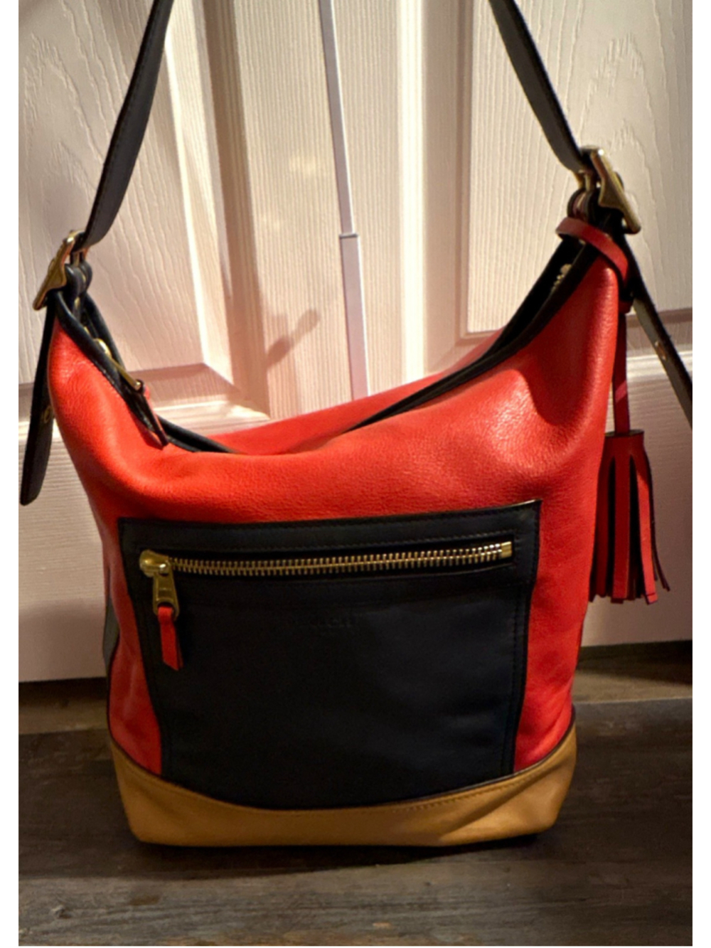 Coach F14975 Legacy Colorblock Leather Hobo Shoulder Bag Red Navy Tan Tassel